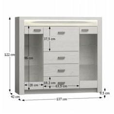 KONDELA Komoda s vitrínami, jaseň biely, INFINITY 08 hnedá 42.8 x 137 x 122 cm