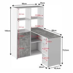 KONDELA Rohový PC stôl s regálom biela, šedá MINESON drevotrieska 90 x 124 x 145 cm