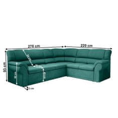KONDELA Rohová rozkladacia sedacia súprava, smaragdová, pravá, AMELIA Látka 220 x 270 x 93 cm