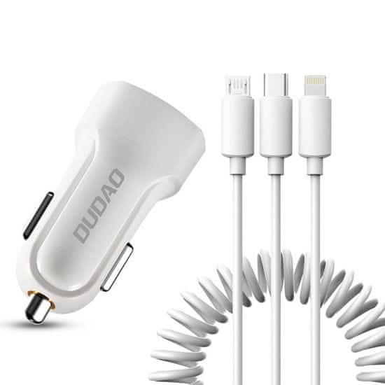 DUDAO Nabíjačka do auta 2x USB 2,4A + USB kábel 3v1 Lightning/Type C/micro USB biela Dudao