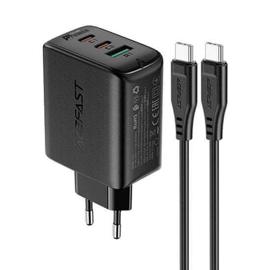 AceFast Napájacia nabíjačka 2x USB-C/USB-A 65W PD QC 3.0 AFC FCP s káblom USB-C 1,2 m čierna Acefast