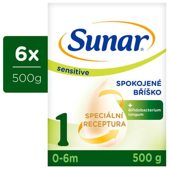 Sunar Sensitive 1, počiatočné dojčenské mlieko, 6x500 g