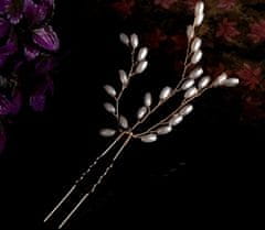 Camerazar Svadobná spona do vlasov s bielymi perlami a kvetom, drôt, 13 cm