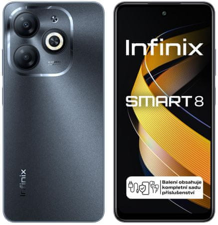 moderný mobilný dotykový telefón smartphone infinix smart 8 LTE pripojenie 4G pripojenie OS Android čítačka odtlačkov prstov GPS Octa-core IPS displej Bluetooth wifi dlhá výdrž skvelý fotoaparát 8Mpx 13Mpx hlavná kamera veľký displej fm rádio veľkokapacitná batéria kruhový blesk Anroid Go AI fotoaparát