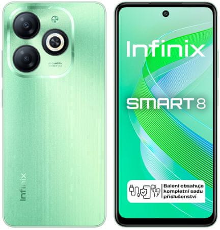 moderný mobilný dotykový telefón smartphone infinix smart 8 LTE pripojenie 4G pripojenie OS Android čítačka odtlačkov prstov GPS Octa-core IPS displej Bluetooth wifi dlhá výdrž skvelý fotoaparát 8Mpx 13Mpx hlavná kamera veľký displej fm rádio veľkokapacitná batéria kruhový blesk Anroid Go AI fotoaparát