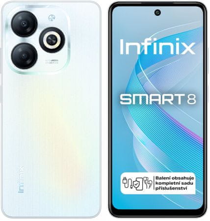 moderný mobilný dotykový telefón smartphone infinix smart 8 LTE pripojenie 4G pripojenie OS Android čítačka odtlačkov prstov GPS Octa-core IPS displej Bluetooth wifi dlhá výdrž skvelý fotoaparát 8Mpx 13Mpx hlavná kamera veľký displej fm rádio veľkokapacitná batéria kruhový blesk Anroid Go AI fotoaparát