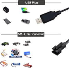 YUNIQUE GREEN-CLEAN USB Univerzálny RC nabíjací kábel s konektorom SM-3P pre 2S 7.4V LiPo batériu kompatibilnú RC auto / auto / lietadlo / drone / RC loď a ďalšie hračky na diaľkové ovládanie