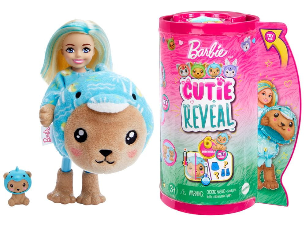 Mattel Barbie Cutie Reveal Chelsea v kostýme - medvedík v modrom kostýme delfína HRK27