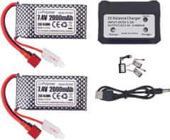 YUNIQUE GREEN-CLEAN Sada 2 LiPo batérií 7.4V 2000mAh s T-plug a nabíjačkou 2v1 - kompatibilná s RC modelmi 9200, 9200E, 200E, 9202E, HM101, 9125, S920, S921, HB101 a WLtoys