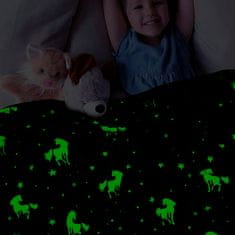 Netscroll Magická deka, ktorá svieti v tme, s motívom hviezd a jednorožcov, mimoriadne mäkká a teplá, modrej farby, svietiaca deka je skvelý darčekový nápad, 150x100 cm, LuminousBlanket-samorogi