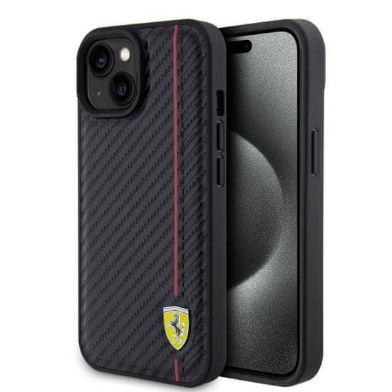 Ferrari Zadný kryt PU Leather Carbon Vertical Red Line pre iPhone 15 Black