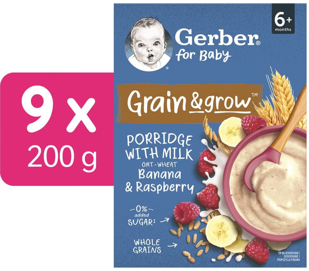 Gerber Mliečna kaša pšenično-ovsená banán a malina 9 x 200 g