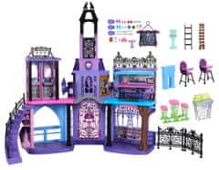 Monster High Strašidelná škola monsteriek, domček pre bábiky, 35 kúskov nábytku a doplnkov HLP88