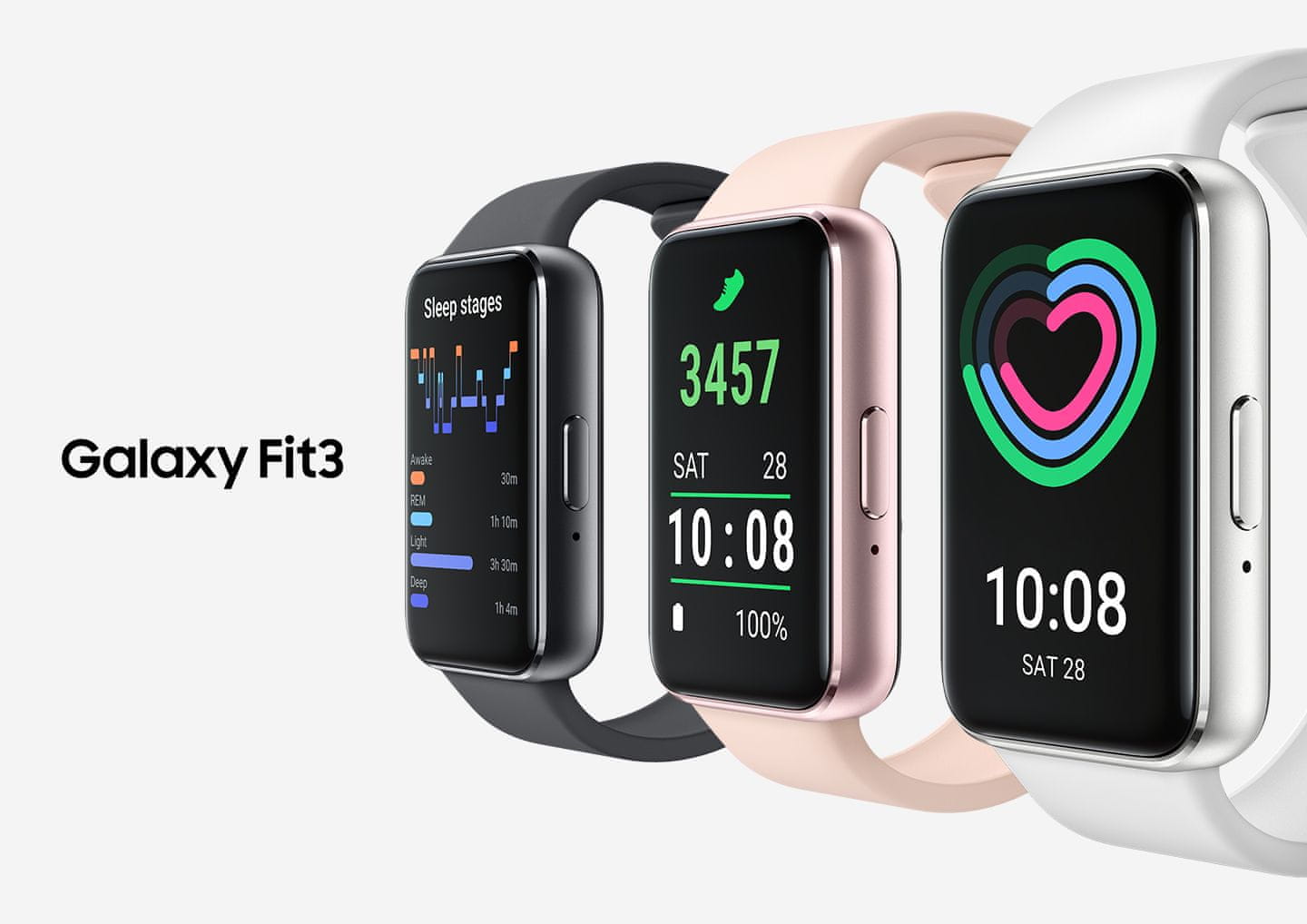 Fitness náramok Samsung Galaxy Fit3 AMOLED displej detekcia pádu núdzové volanie Bluetooth párovanie notifikácie z telefónu meranie tepu meranie saturácie SpO2 ovládanie gestami pohodlný náramok športový náramok interná pamäť hudba multišport ovládanie fotoaparátu