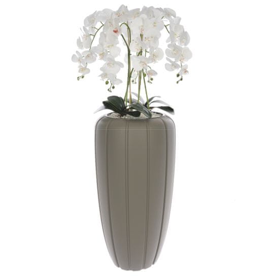 botle Biela umelá orchidea, kaskádovitá kytica v sivom kvetináči, výška cca 125 cm, pogumované kvety, 5 výhonkov, dekorácia do domácej kancelárie