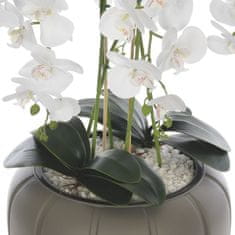 botle Biela umelá orchidea, kaskádovitá kytica v sivom kvetináči, výška cca 112 cm, pogumované kvety, 5 výhonkov, dekorácia do domácej kancelárie