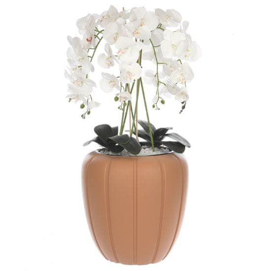 botle Biela umelá orchidea, kaskádovitá kytica v terakotovom kvetináči, výška cca 90 cm, pogumované kvety, 5 výhonkov