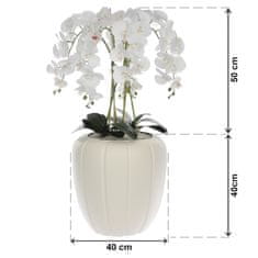 botle Biela umelá orchidea, kaskádovitá kytica v krémovom kvetináči, výška cca 90 cm, pogumované kvety, 5 výhonkov, dekorácia do domácej kancelárie