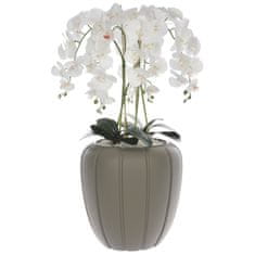 botle Biela umelá orchidea, kaskádovitá kytica v sivom kvetináči, výška cca 90 cm, pogumované kvety, 5 výhonkov, dekorácia do domácej kancelárie
