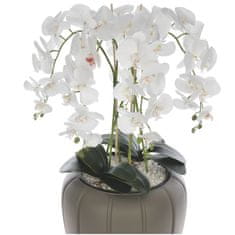botle Biela umelá orchidea, kaskádovitá kytica v sivom kvetináči, výška cca 112 cm, pogumované kvety, 5 výhonkov, dekorácia do domácej kancelárie