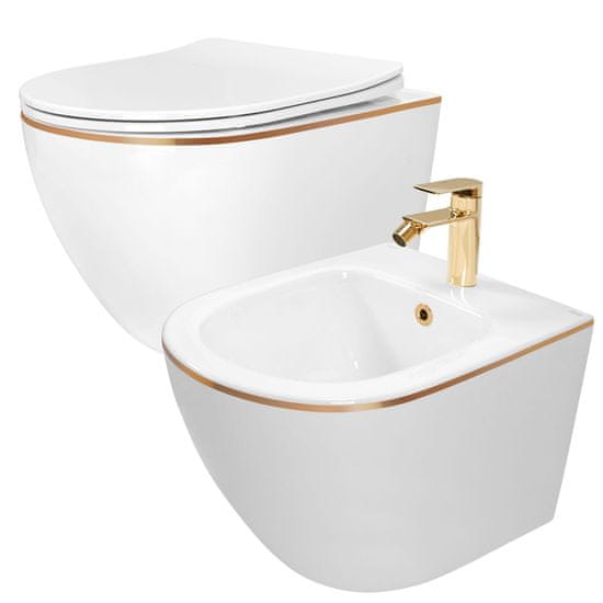 REA Carlo Mini Gold Edge, závesná WC misa 490x370 mm + bidet 495x370 mm, biela so zlatým okrajom, KPL-C1222