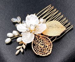 Camerazar Zlatý svadobný hrebeň s perlami a kvetom, 8x8 cm, vysoko kvalitný materiál