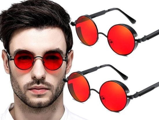 Camerazar Unisex steampunkové okrúhle okuliare RED Ray Lenon, čierny kovový rám, červené šošovky, UV filter 400 Cat.2