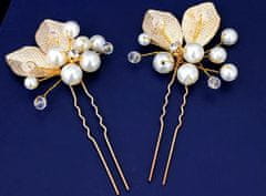Camerazar Svadobná spona do vlasov s bielymi perlami a trblietavými lístkami, ohybný drôt, 9 cm