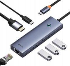 BASEUS hub Ultra Joy USB 6v1 (USB-C/1xHDMI4K30Hz/3xUSB 3.0/1xPD/RJ45) B00052807813-00 sivý