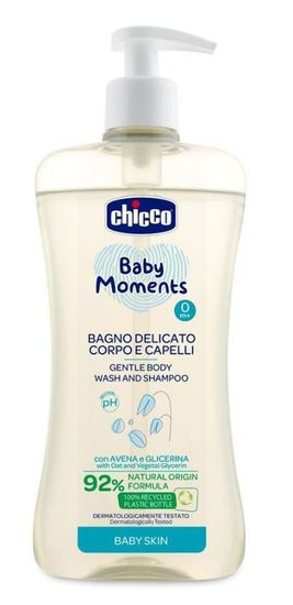 Chicco jemný šampón na vlasy a telo s dávkovačom Baby Moments 92% prírodných zložiek 500 ml