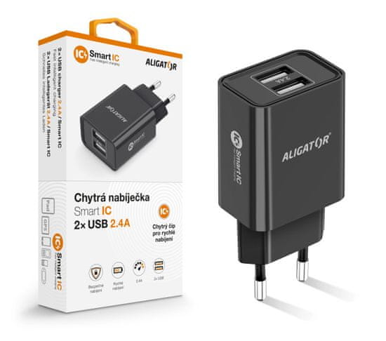 Aligator Múdra sieťová nabíjačka 2,4A, 2xUSB, smart IC, čierna