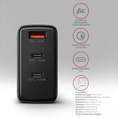 AXAGON ACU-DPQ100, GaN nabíjačka do siete 100W, 3x port (USB-A + dual USB-C), PD3.0/PPS/QC4+/Apple