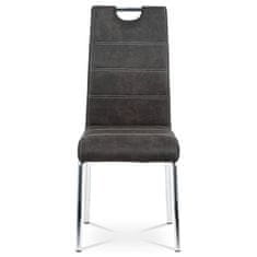 Autronic - Jedálenská stolička, poťah sivá látka COWBOY v dekore vintage kože, biele prešitie, kovová štvornohá chró
