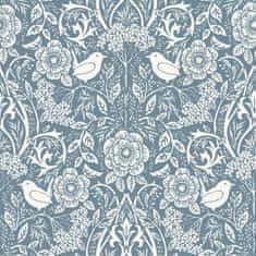 Modrá vliesová tapeta s rastlinami a vtáčikmi, 139477, Vintage Flowers, Esta Home