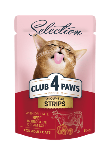 Club4Paws Premium CLUB 4 PAWS mokré krmivo pre mačky - Hovädzie mäso v brokolicovej krémovej polievke 12x85g