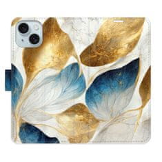 iSaprio Flipové puzdro - GoldBlue Leaves pre Apple iPhone 15