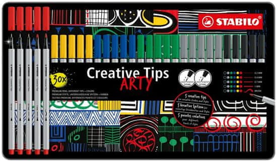 Stabilo Linery "Creative Tips ARTY", súprava, 6 pastelových farieb, 5 šírok stopy, plechová krabička, 89/30-6-1-20