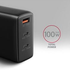 AXAGON síťová GaN nabíječka ACU-DPQ100, 2x USB-C, USB-A, PD3.0/QC4+/PPS/Apple, 100W, čierna