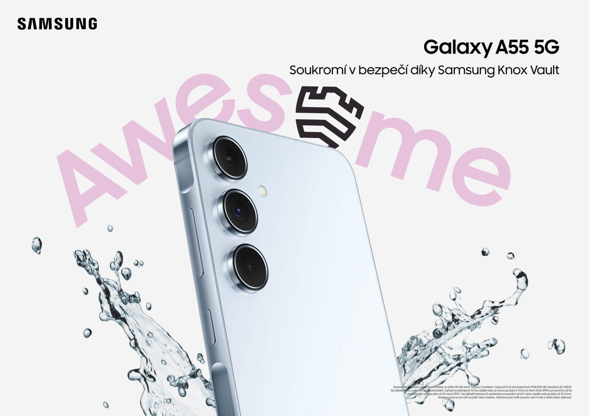 Samsung Galaxy A55 5G, inteligentný telefón, vlajková loď veľký displej Super AMOLED obnovovacia frekvencia stabilizácia obrazu tri fotoaparáty najrýchlejšie 5G pripojenie 5G internet podpora najrýchlejšieho pripojenia Corning Gorilla Glass Victus+ výkonný telefón IP67 NFC profesionálne fotoaparáty fotosústava nočný režim kovový rám prémiové programy