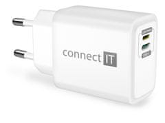 Connect IT DUPLEX Nabíjecí adaptér 1xLightning + 1×USB-C, 20W, kabel 27W CWC-2090-WH, bílý