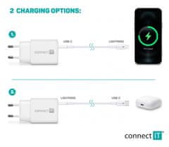 Connect IT DUPLEX Nabíjací adaptér 1xLightning + 1×USB-C, 20W, kabel 27W CWC-2090-WH, biely