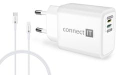 Connect IT DUPLEX Nabíjecí adaptér 1xLightning + 1×USB-C, 20W, kabel 27W CWC-2090-WH, bílý