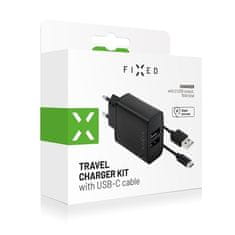 FIXED Nabíjačka do siete 2xUSB, 15W Smart Rapid Charge + USB-C kabel 1m - černá