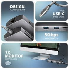 AXAGON HMC-8HLSA, USB 5Gbps húb, 3x USB-A, HDMI 4k/60Hz, RJ-45 GLAN, SD/microSD, audio, PD 100W