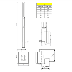 SAPHO , KTX vykurovacia tyč s termostatom s krytom pre kábel, 800 W, chróm, KTX-CW-800