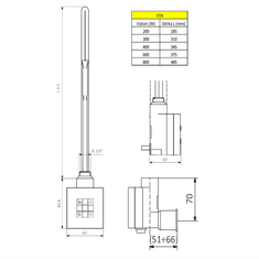 SAPHO Sapho, KTX vykurovacia tyč s termostatom s krytom pre kábel, 600 W, chróm, KTX-CW-600