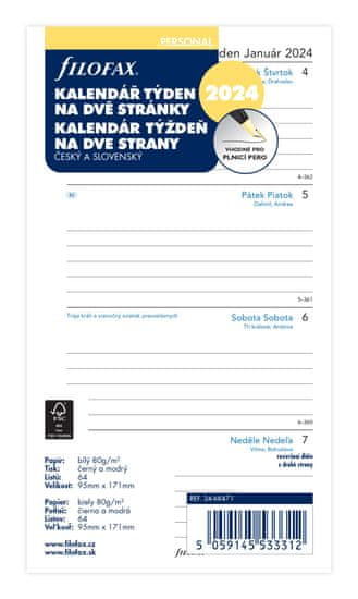 Filofax Náplň pre A6 kalendár týždenný