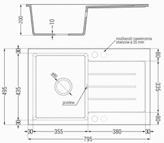 Mexen Bruno, 1-komorový granitový drez 795x495x200 mm a drezová batéria Flora, šedá, 6513-71-670401-07-B