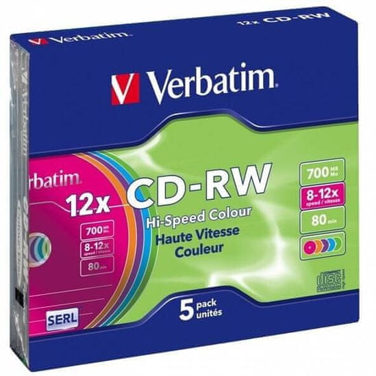 VERBATIM CDRW 12x 80min/700MB, 5ks, Slim, Colours (43167)