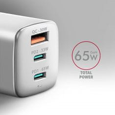 AXAGON síťová GaN nabíječka ACU-DPQ65W, 2x USB-C, USB-A, PD3.0/QC4+/PPS/Apple, 65W, biela